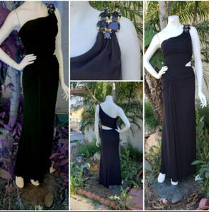 Nicole Bakti black evening gown. one shoulder wit